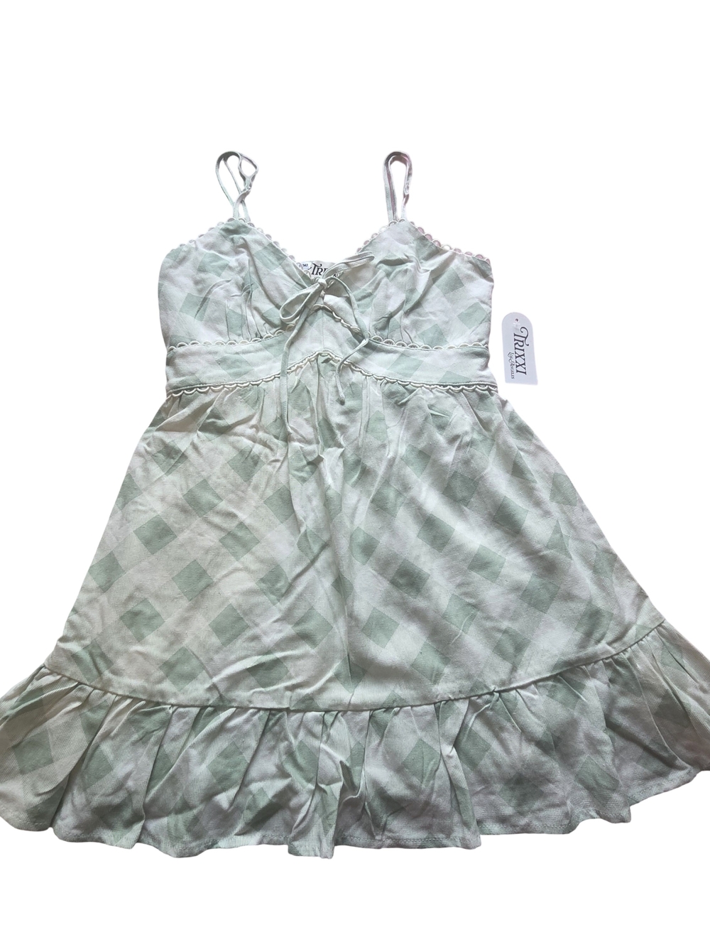 Trixxi Los Angeles Girls' Light Green Check Sundress with Ruffle Hem